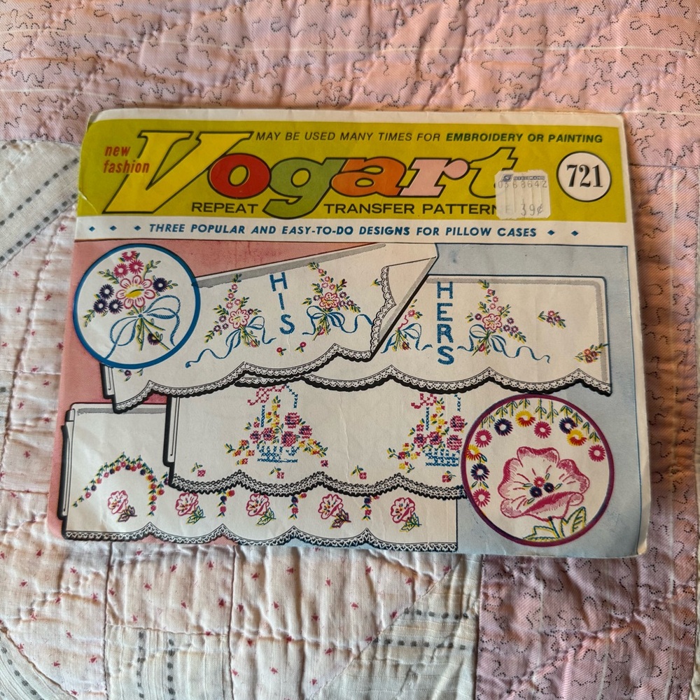Vogart Transfer Pattern 721 Embroidery Pillowcase Designs - Yellow, Pink, Blue